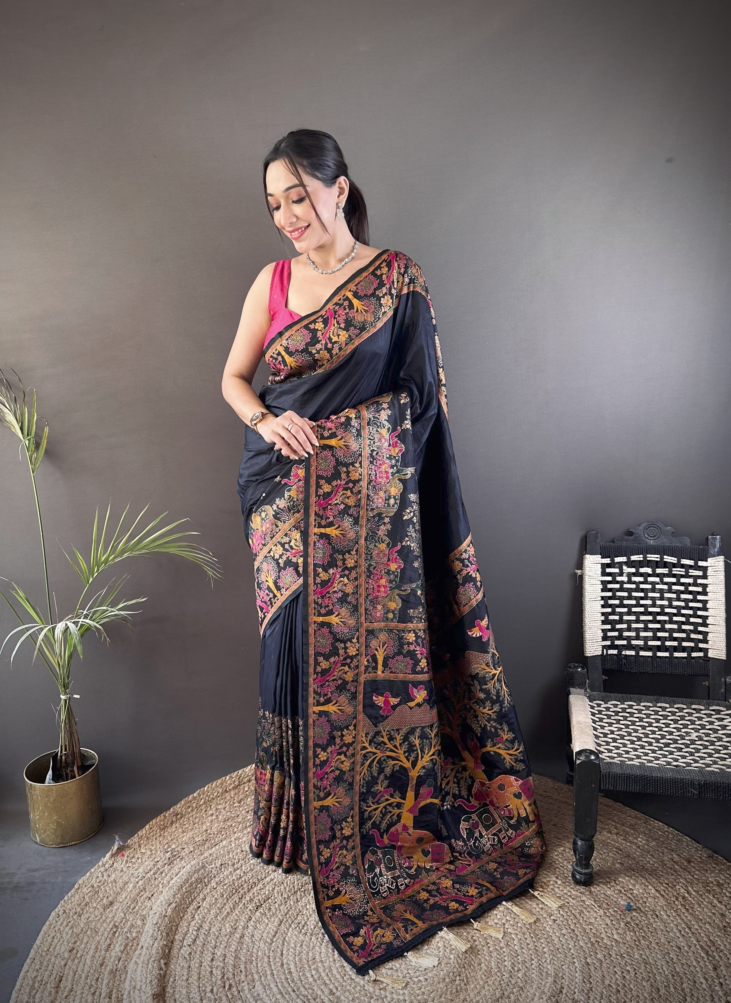 Luxury Pashmina Silk Kashmiri Saree - Meenakari Zari Weave (Black)