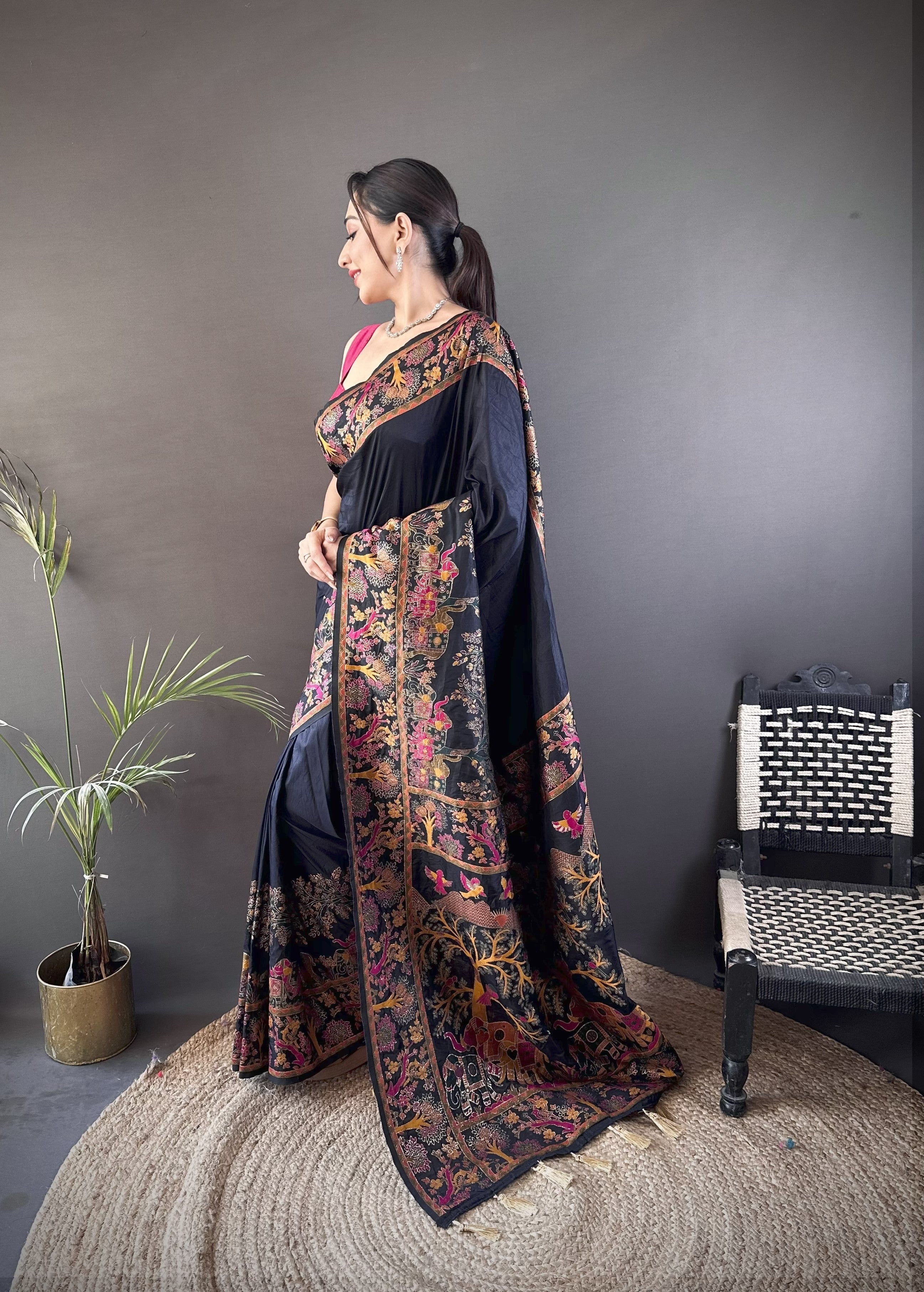 Luxury Pashmina Silk Kashmiri Saree - Meenakari Zari Weave (Black)