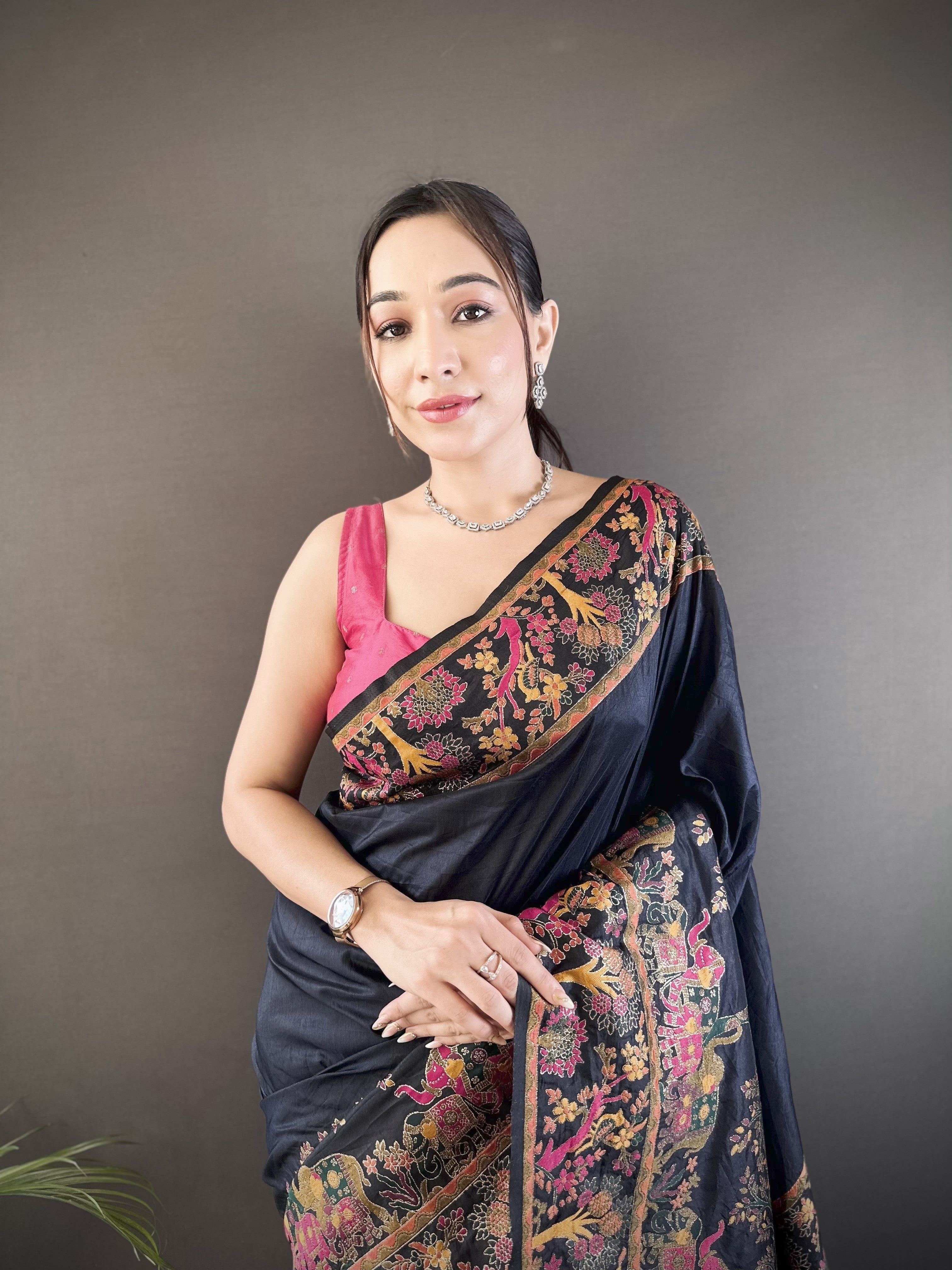 Luxury Pashmina Silk Kashmiri Saree - Meenakari Zari Weave (Black)
