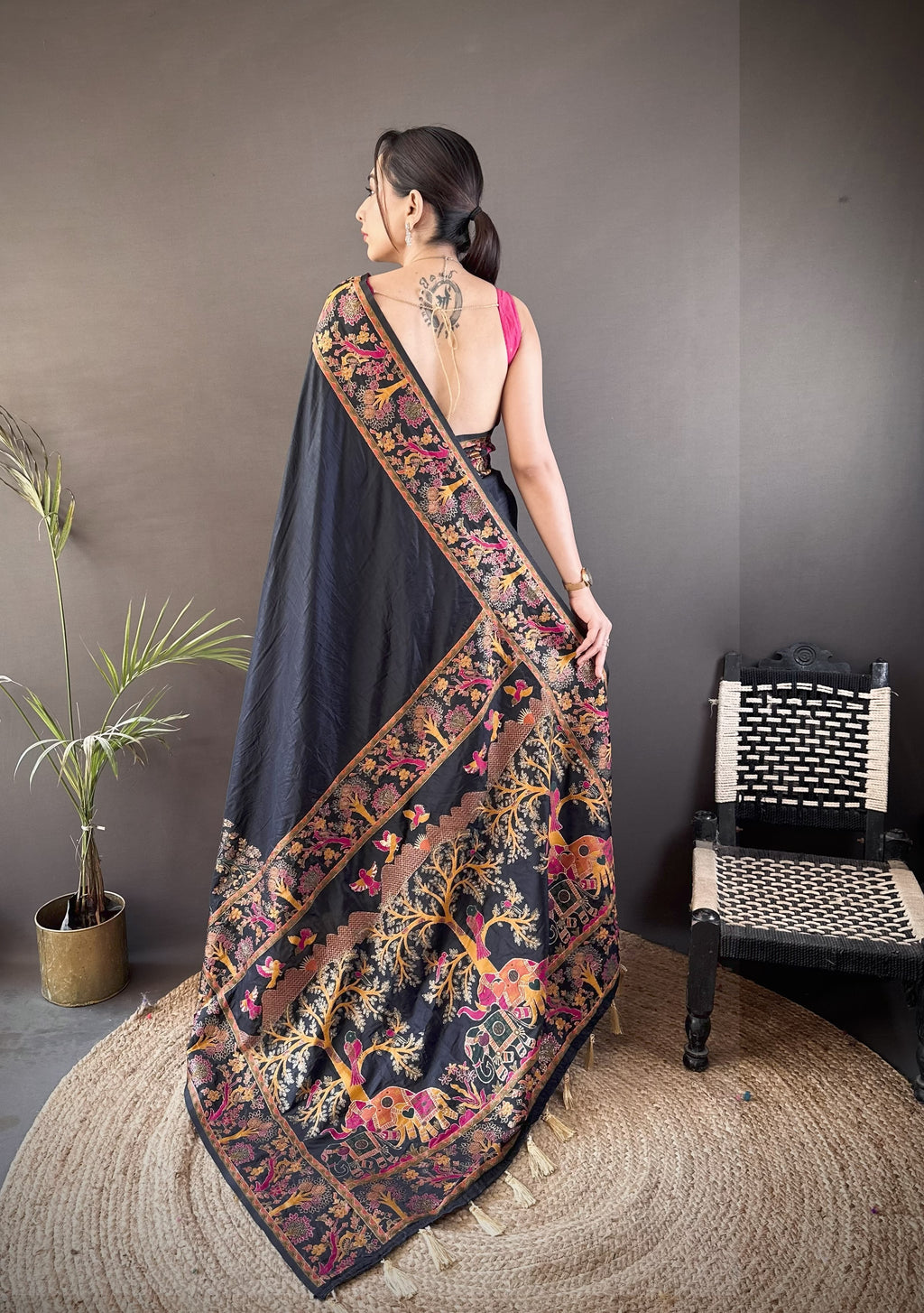 Luxury Pashmina Silk Kashmiri Saree - Meenakari Zari Weave (Black)